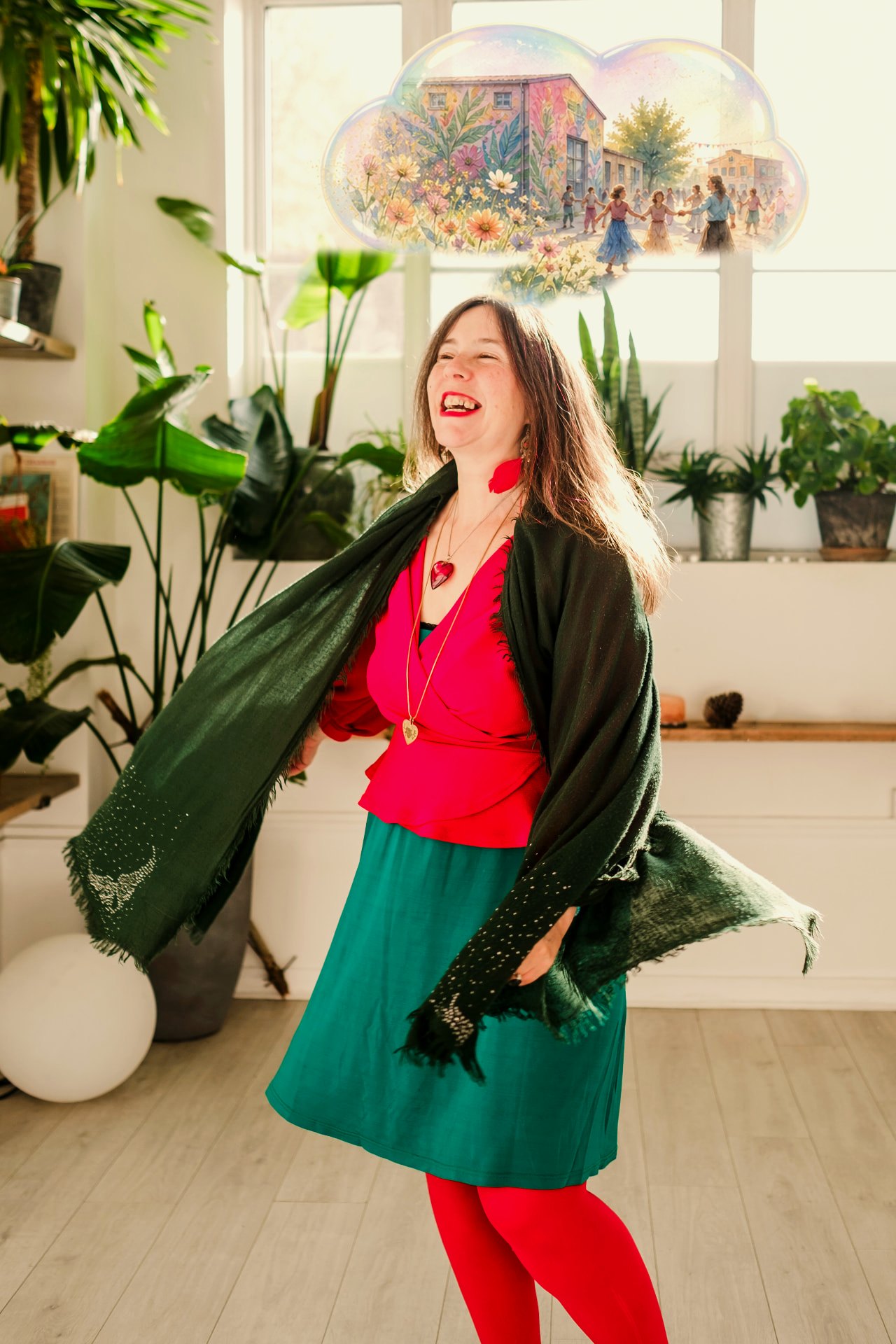 A woman laughing and twirling a green shawl in a bright, plant-filled room, with a glittery thought bubble above her head showing a mural, wildflowers and people dancing